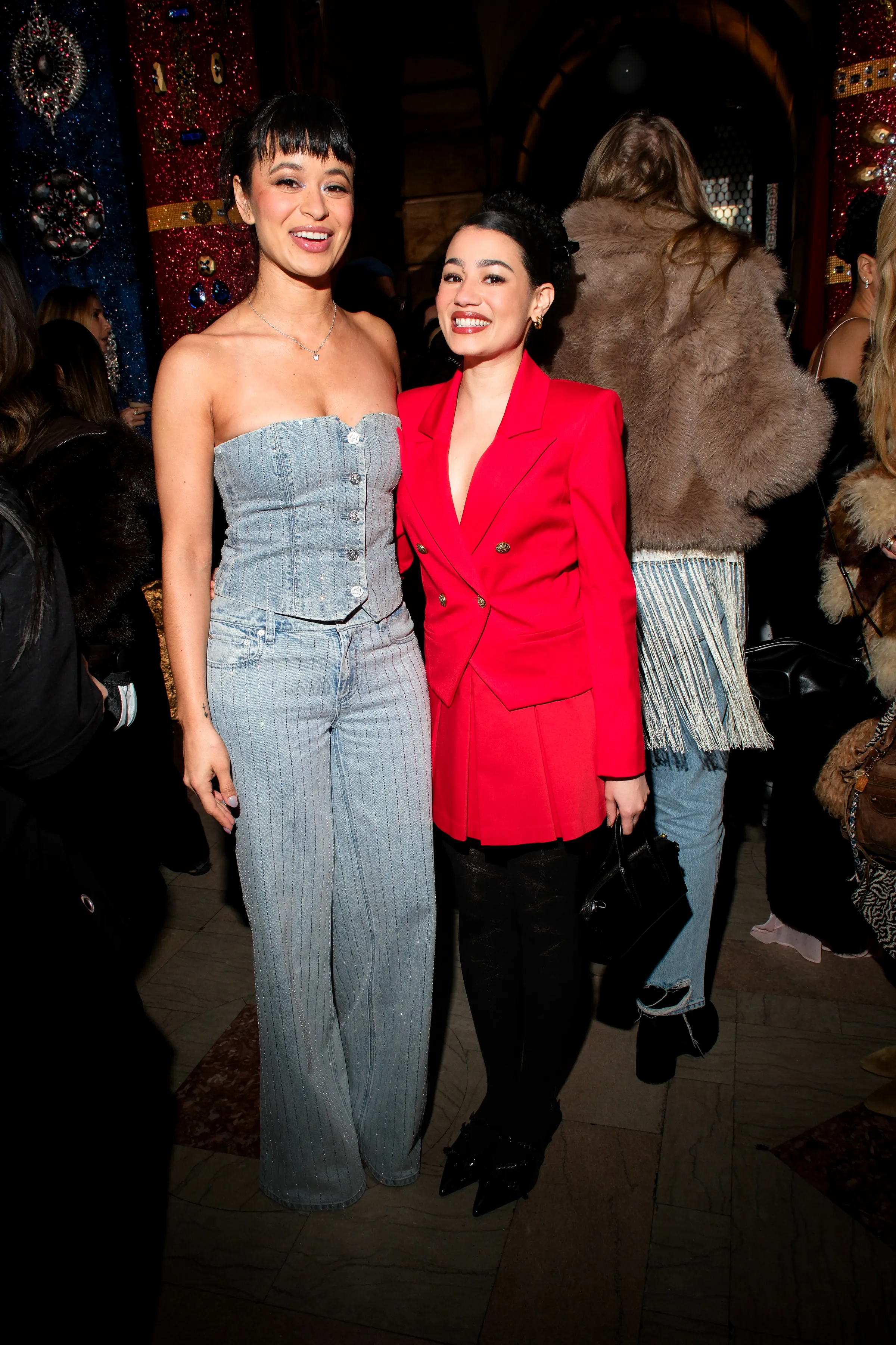 Sonia Mena-inspired styling of the ALICE + OLIVIA Amazing Embellished Jean and Kelcey Strapless Embellished Denim Vest shown in four outfit combinations